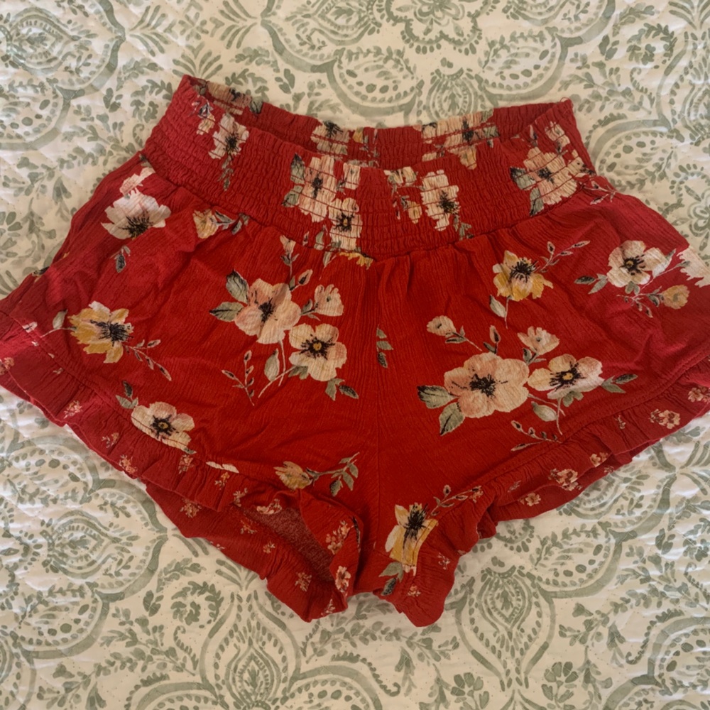High Waist Red Floral Shorts